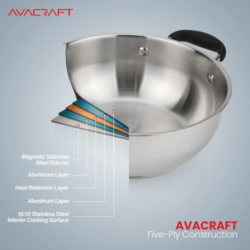 Miniatura 5 de AVACRAFT Sartén de Acero Inoxidable 18/10 para Uso Diario, Sartén Wok con Base de Cinco Capas, Sartén de Chef con Tapa de Vidrio, Sartén Multiusos