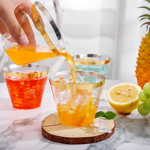 Miniatura 6 de I00000 Vasos de plástico resistentes, 9 onzas, con borde dorado, transparentes, 100 unidades, libres de BPA, desechables, para fiestas y bodas