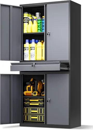 Miniatura 19 de Armario de almacenamiento de metal, archivador alto con 2 estantes ajustables y cajón, gabinete de herramientas de acero con cerradura para oficina