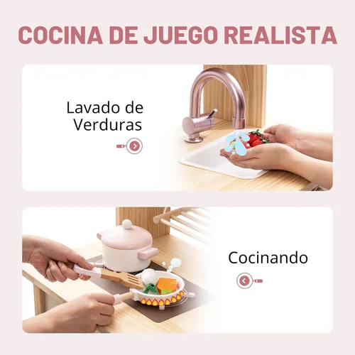 Miniatura 5 de ROBOTIME Juego de cocina de madera, juego de cocina de juego de simulación para niños con diseño realista, juego de cocina para niños y niños Rosa