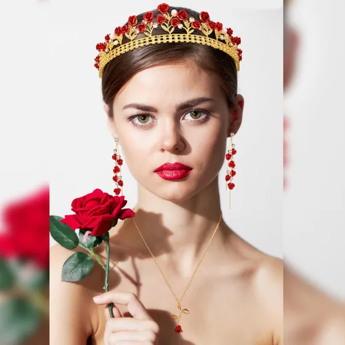 Miniatura 6 de Sureio Tiaras de rosas rojas para novia, coronas de reina, collares largos personalizados, aretes colgantes de flores de rosa, joyería de flores