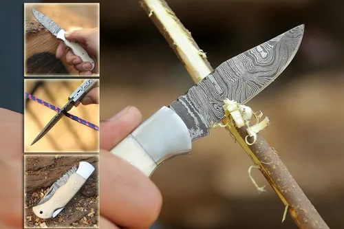 Miniatura 8 de Cuchillo de bolsillo de Damasco hecho a mano de 6.5 pulgadas para hombres, cuchillo de caza con funda para exteriores, camping, pesca, senderismo