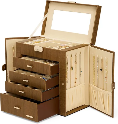 Miniatura 10 de Homde Regalos de Navidad de cuero sintético, enorme joyero, organizador de reloj con espejo, collar, anillo y aretes, estuche de regalo con Dorado