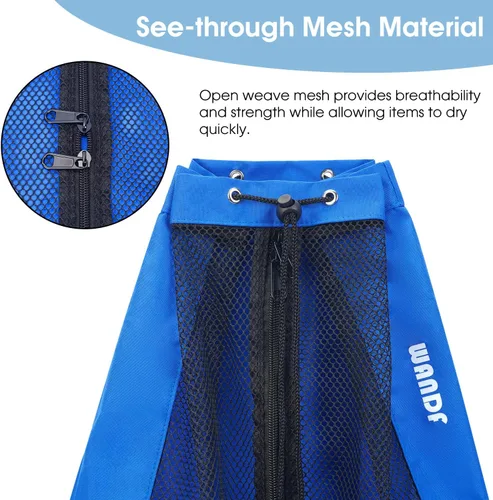 Miniatura 5 de WANDF Bolsa de Natación Mochila de Malla con Cordón Mochila de Playa para Natación, Gimnasio y Equipo de Entrenamiento Azul marino con bolsillo