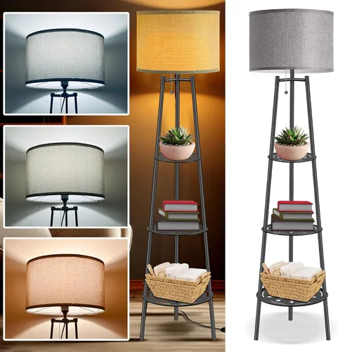 Lámpara de Pie con Estanterías, Lámpara de Pie Moderna con Bombillas LED de 3 Temperaturas de Color, Lámparas de Pie de Rincón para Sala de Estar y