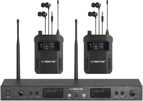 Phenyx Pro UHF Mono Dual Sistema de monitores intrauditivos inalámbricos, Sistema IEM inalámbrico de metal, Receptor bodypack resistente, 2x50