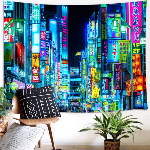 Miniatura 3 de iTapnoom Tapiz de anime japonés de neón punk, ciudad futurista, tapiz para colgar en la pared para hombres y niños, dormitorio, futuro fresco