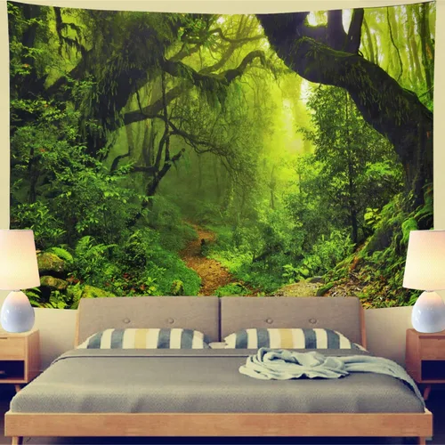 Miniatura 4 de Leofanger Tapiz de bosque brumoso, tapiz de pared de árbol verde natural, paisaje de selva tropical, para colgar en la pared para dormitorio, sala
