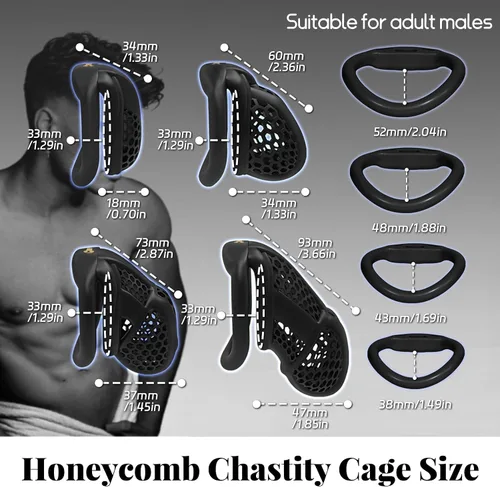 Miniatura 4 de Jaula para el pene impresa en 3D con 4 anillos curvos a presión, pequeños dispositivos de castidad de panal para hombres, SM Fetiche Extreme