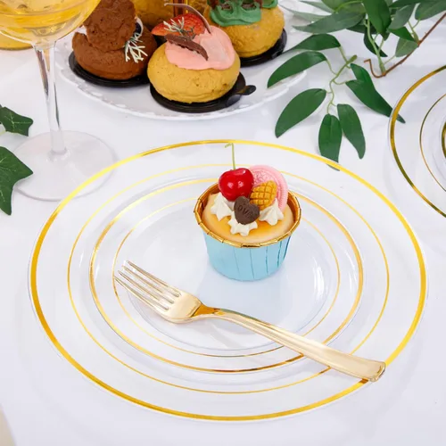 Miniatura 8 de DaYammi Juego de vajilla de plástico dorado transparente de 210 piezas para 30 invitados, platos desechables elegantes para fiestas, incluye: 30