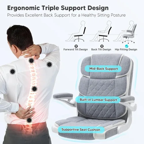 Miniatura 3 de SEATZONE Silla de escritorio de oficina cómoda con reposabrazos abatibles, cómoda silla de escritorio ejecutiva de lino con respaldo medio, altura