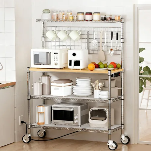 Miniatura 14 de Leteuke Estante para panaderos con almacenamiento y ruedas, estante de cocina de 42 pulgadas para microondas, estante de almacenamiento resistente