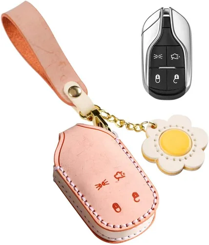 Miniatura 9 de ontto Bolsa de llavero para llavero Maserati de cuero encerado, funda completa para llaves de Ghibli Levante Quattroporte, verde, 4 botones