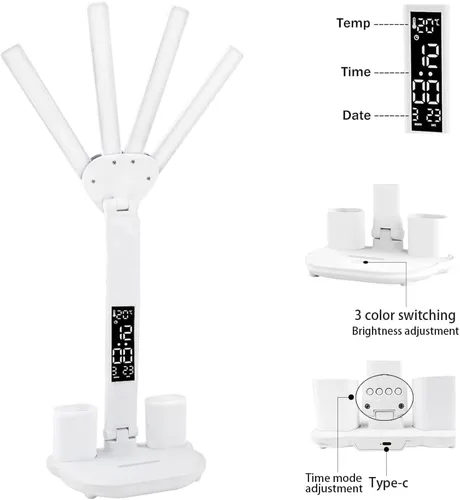 Miniatura 4 de Lámpara de escritorio LED con reloj, lámpara de estudio plegable, 3 modos de iluminación, lámpara de mesa regulable para cuidado de los ojos
