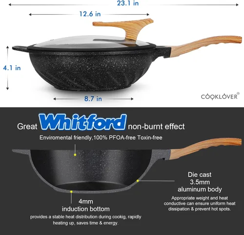 Miniatura 3 de Woks y sartenes antiadherentes de aluminio fundido a presión resistentes a los arañazos 100% libres de PFOA con tapa de 31.9 cm - Negro
