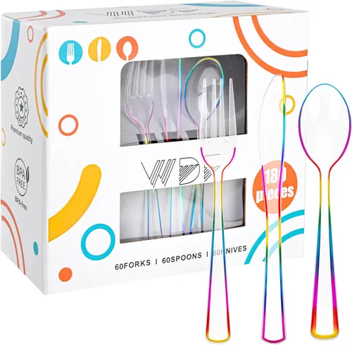 Miniatura 16 de WDF 180 cubiertos de plástico plateado – cubiertos de plástico plateado – cubiertos de plástico elegante resistente – 60 tenedores, 60 cuchillos, 60