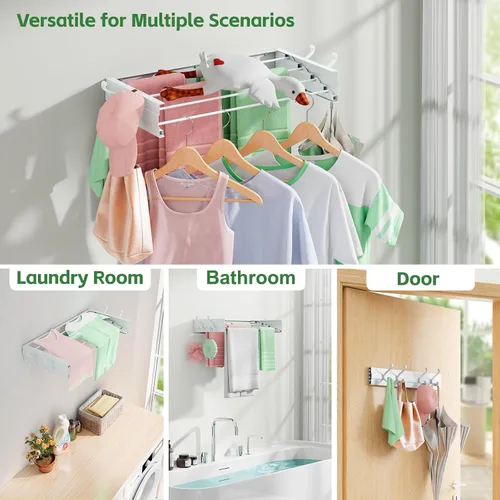 Miniatura 5 de Estante de secado plegable para montar en la pared, ahorro de espacio, de acero inoxidable de 23.5 pulgadas, con varillas reforzadas resistentes