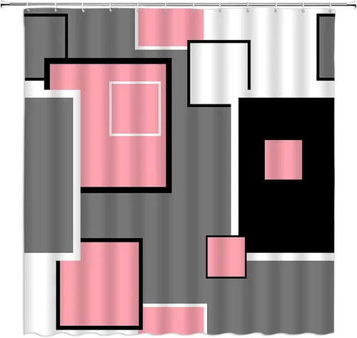 Miniatura 10 de Cortina de ducha moderna geométrica azul gris negro abstracto geométrico de mediados de siglo, moderno juego de decoración de baño con ganchos