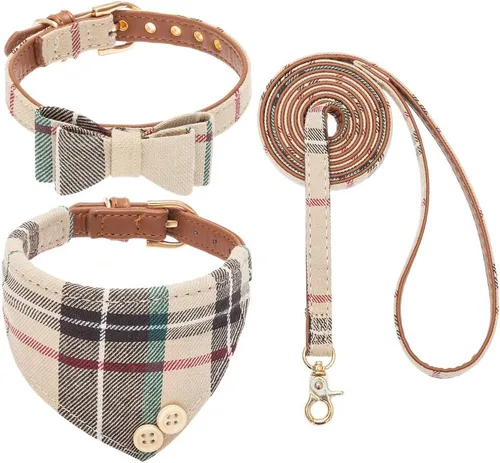 Miniatura 7 de EXPAWLORER Juego de collar y correa para perro - Corbata de moño clásica a cuadros para perro y collar bandana para perro con campana, correa