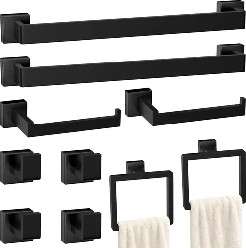 Juego de 10 accesorios de baño negro mate, juego de herrajes de baño de acero inoxidable, toalleros para baño montados en la pared, juego de barras