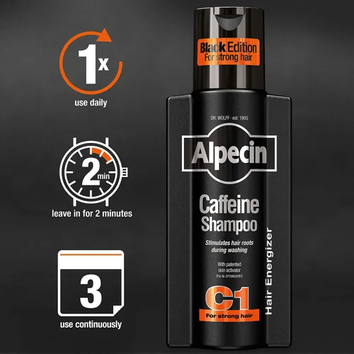 Miniatura 5 de Alpecin Caffeine Shampoo C1 Black Edition, Champú natural para el crecimiento del cabello para el cabello fino con niacina, mentol y aceite
