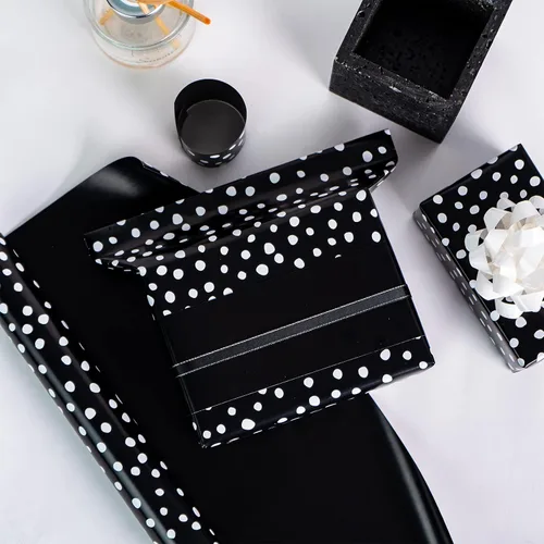 Miniatura 7 de WRAPAHOLIC Papel de regalo reversible, mini rollo, 17 pulgadas x 33 pies, diseño de lunares negros y delicados para cumpleaños, vacaciones, bodas
