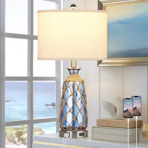 Miniatura 10 de Ruzectt Lámparas de mesa de cristal costero, lámparas de noche regulables de 3 vías con control táctil con 2 puertos USB y salida de CA, lámparas