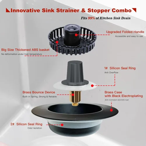 Miniatura 8 de Colador de drenaje para fregadero de cocina 3 en 1, tapón de fregadero desplegable de acero inoxidable 304, tapón de drenaje antiobstrucción, Negro