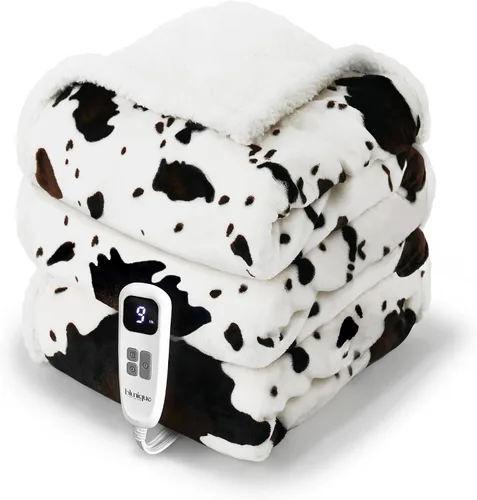 Miniatura 21 de Manta térmica con estampado de vaca, manta eléctrica, manta térmica con 10 niveles de calor y 10 horas de apagado automático, acogedora y suave