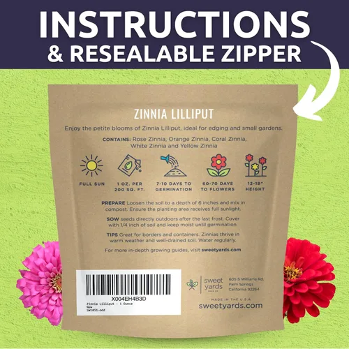 Miniatura 4 de Zinnia Lilliput Mix - Paquete grande de 1 onza - 4,000 semillas de flores para plantar - Zinnia elegans