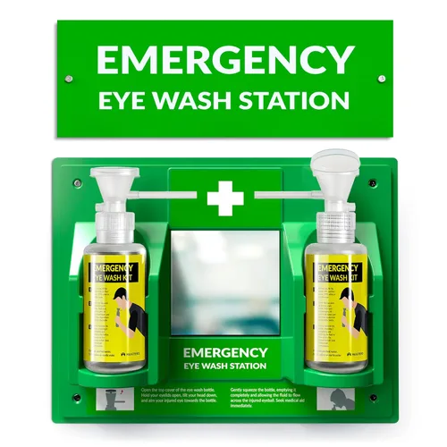 MAASTERS Estación de lavado de ojos portátil sin BPA compatible con OSHA - Kit de lavado de ojos de primeros auxilios montado en la pared con espejo