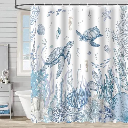 Nautical Coastal Sea Turtle Shower Curtain Blue Ocean Turtle Seashell Seahorse Coral Fish Beach Bathroom Decor Waterproof Fabric Bath Curtain 72 x