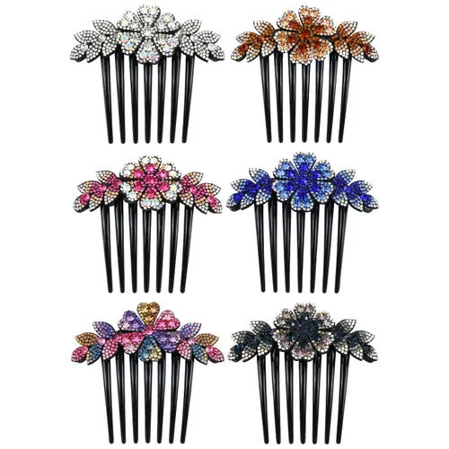 Lawie Paquete de 6 peines de pelo de lujo con purpurina brillante y diseño de hojas de flores y diamantes de imitación negros laterales franceses
