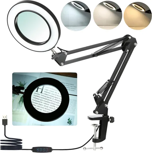 Lámpara de aumento con abrazadera, 8 lámparas de lupa, 3 colores y 10 brillantes, lámpara LED de lupa ajustable de 19 pulgadas, lámpara de brazo