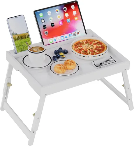 Miniatura 13 de Bandeja para la cama con asas y patas plegables, bandeja de desayuno de bambú con ranura para medios, uso como plato, escritorio para laptop, Negro