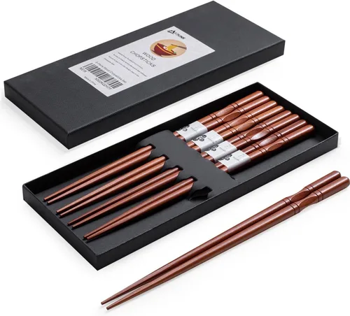 MFJUNS 5 pares de palillos japoneses, reutilizables, antideslizantes, madera natural, marrón, 8.8 pulgadas/8.9 in, fáciles de usar, adecuados para
