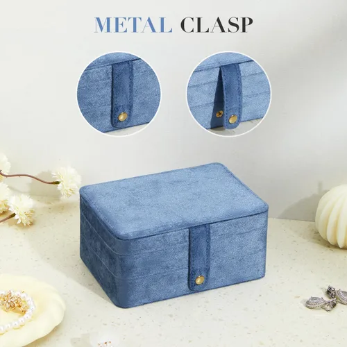 Miniatura 5 de Joyero pequeño de terciopelo para mujeres y niñas, estuche portátil de viaje de doble capa para anillos, colgantes, aretes, collares, organizador