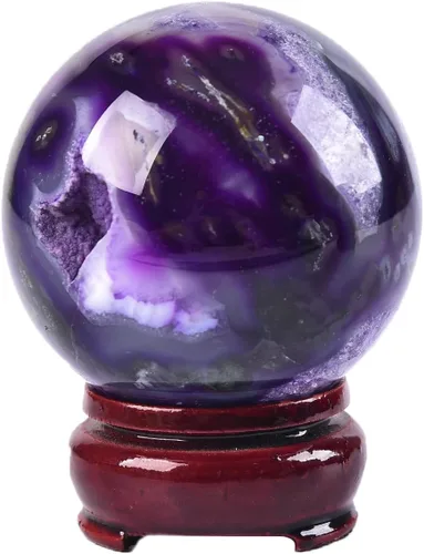 Miniatura 32 de JIC Gem Esfera grande de cristal Chevron de amatista con cristales curativos de curación con soporte de madera para meditación y decoración