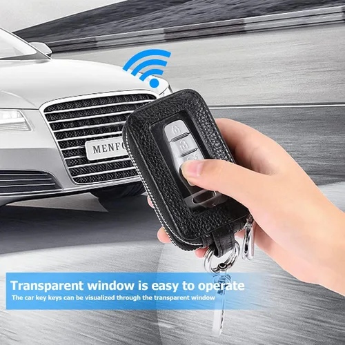 Miniatura 3 de BELOMI Funda para llave de coche, llavero de cuero genuino con cuerda y cierre de cremallera, funda protectora para llaves para hombres y mujeres