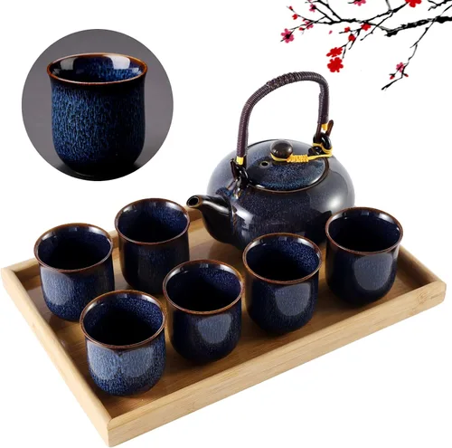 Miniatura 9 de Dujust Juego de Té Japonés, Juego de Té de Porcelana Negra con 1 Tetera, 6 Tazas de Té, 1 Bandeja de Té, 1 Infusor de Acero Inoxidable, Hermosos