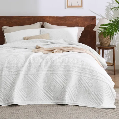Bedsure Boho Edredón Tamaño King - Colcha Ligera Tamaño King con Patrón Geométrico Cosido, Conjunto de Ropa de Cama Blanda de Estilo Granja Blanca