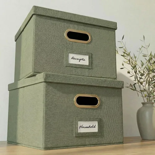 Miniatura 11 de ZICOTO Caja organizadora decorativa de archivos, juego de 2 archivadores plegables de lino con asas, perfectos para almacenar todos tus documentos