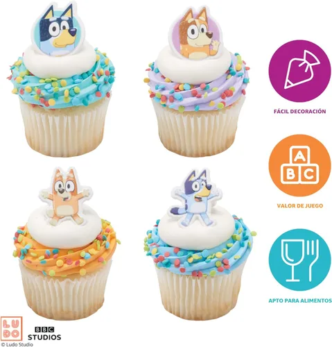 Miniatura 3 de DecoPac Bluey So Much Fun Anillos, 24 decoraciones para cupcakes con Bluey, Bingo, Bandit y Chilli, 3D seguros para alimentos, paquete de 24