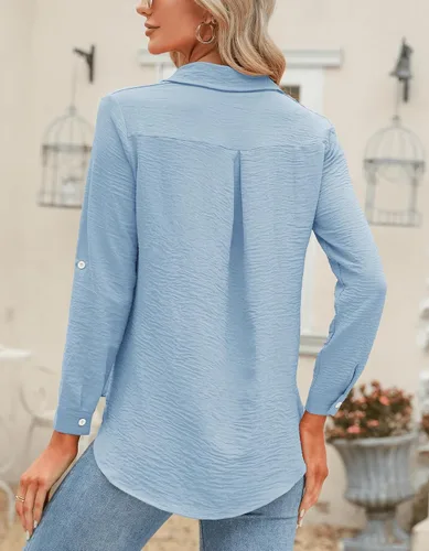 Miniatura 28 de Odosalii - Camisas con botones para mujer, con cuello en V, manga larga, enrolladas, blusas elegantes y formales para negocios y ocasiones casuales