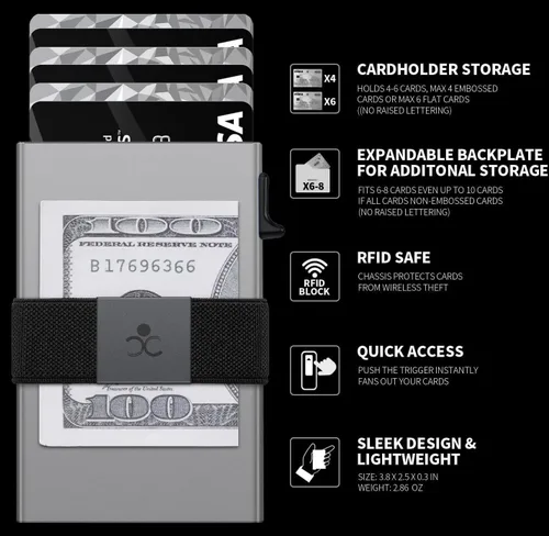 Miniatura 9 de Cartera delgada de aluminio para hombre, placa trasera expandible duradera, bloqueo RFID, billetera desplegable de metal minimalista, con capacidad