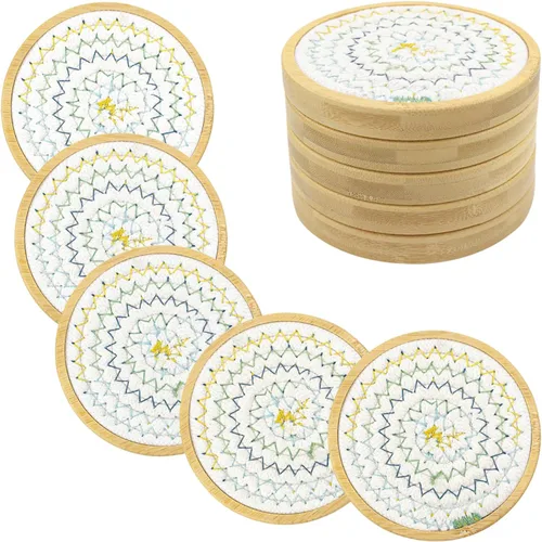 Miniatura 21 de Eykao Paquete de 5 posavasos absorbentes para bebidas, posavasos tejidos de 4.3 pulgadas para mesas de café, posavasos de madera para protección