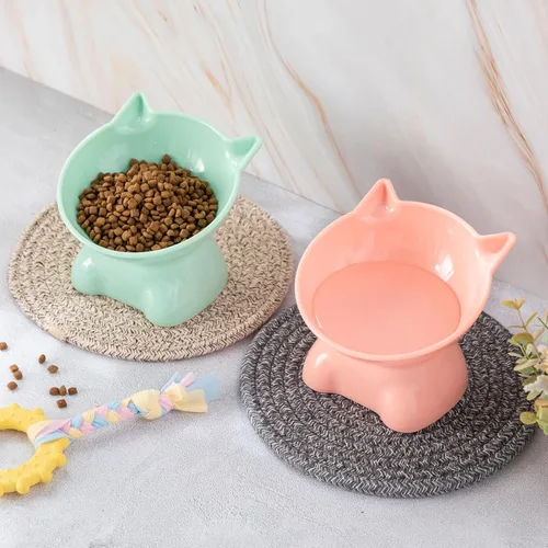 Miniatura 4 de Yaomiao 2 cuencos elevados de plástico para gatos, cuencos elevados de agua para alimentos para mascotas pequeñas (rosa, verde)