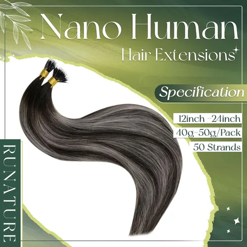 Miniatura 2 de RUNATURE Extensiones de cabello humano nano color negro degradado plateado, 14 pulgadas, 1.76 onzas, 50S, extensiones de cabello Remy suave liso