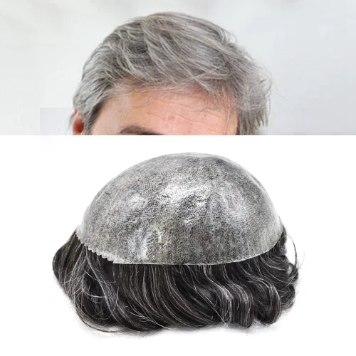 Miniatura 40 de Toupee para hombres Sistema de reemplazo de cabello humano Full Poly Mens Toupee Hairpiece inyectado PU peluca para hombre sistemas de cabello 1B#