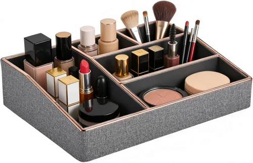 Miniatura 10 de Bandeja organizadora de maquillaje de piel sintética, organizador grande de tocador, caja de almacenamiento de cosméticos para pinceles de lápiz